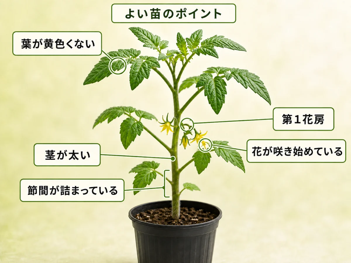 良いトマト苗の見分け方を葉色、茎の太さ、節間、第1花房で示した説明図