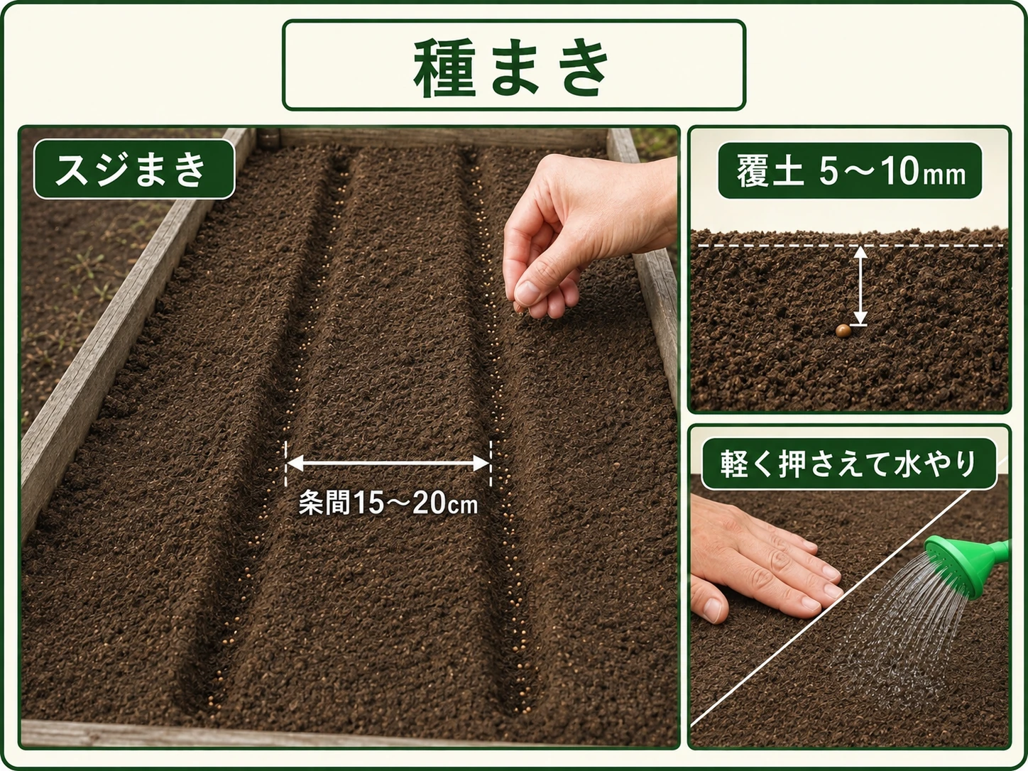 コマツナを条間15〜20cmでスジまきし5〜10mm覆土する方法