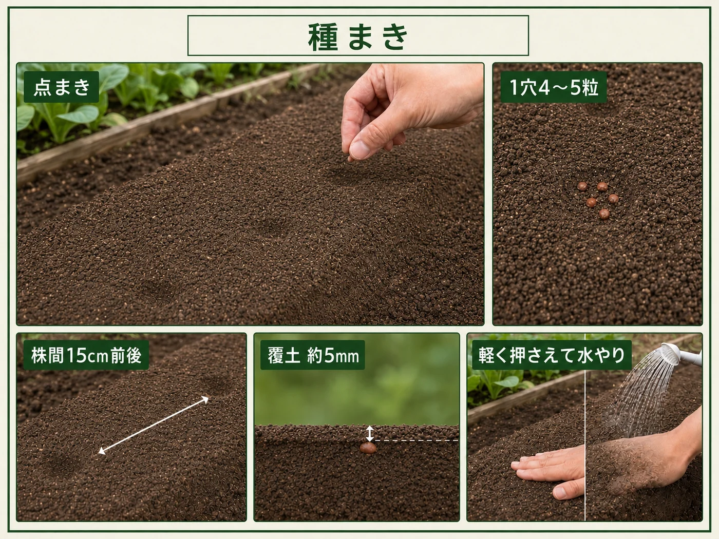 チンゲンサイを株間15cm前後で1穴4〜5粒点まきし約5mm覆土する方法