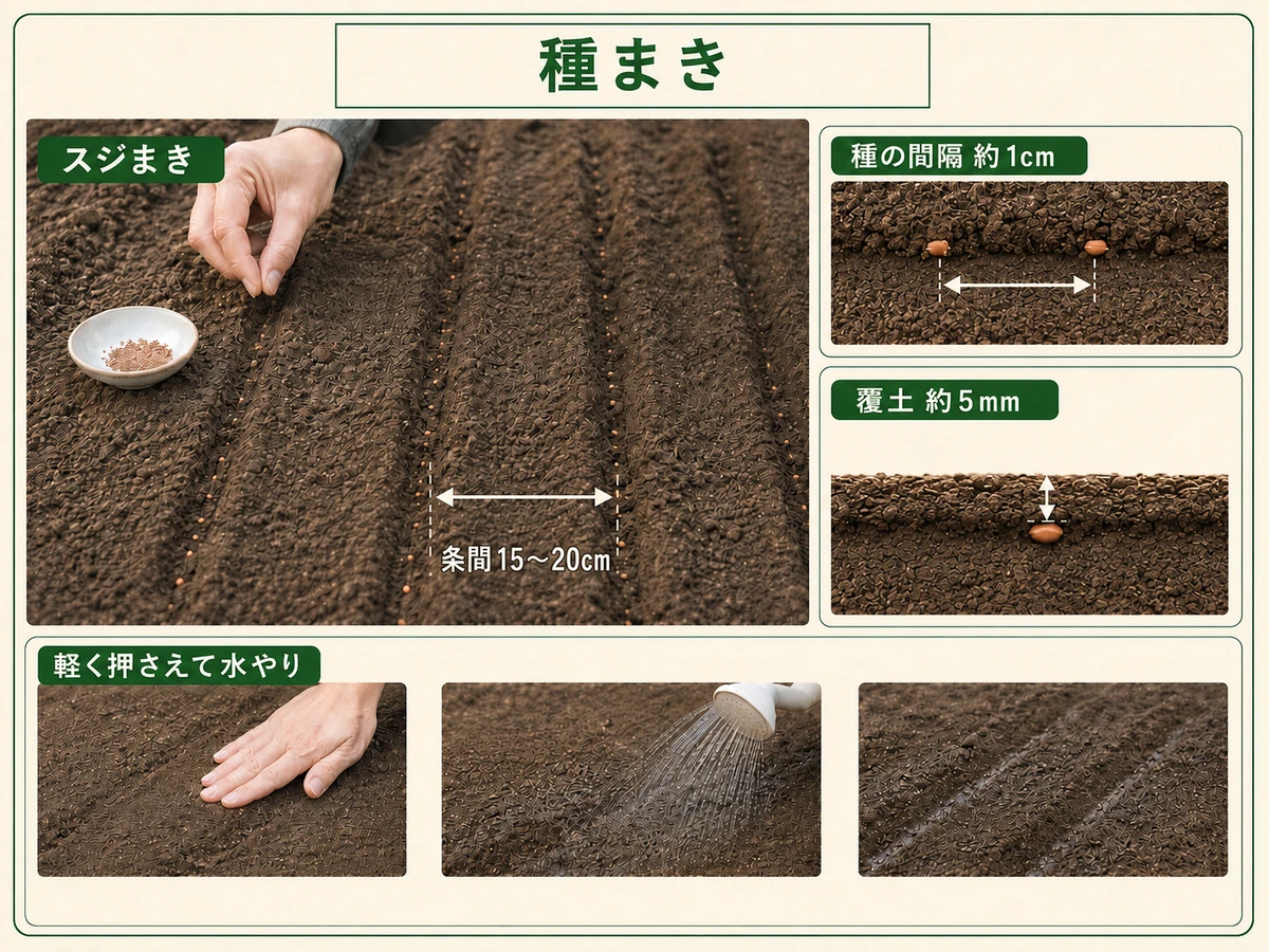 ミズナを条間15〜20cmでスジまきし種間1cm前後で約5mm覆土する方法