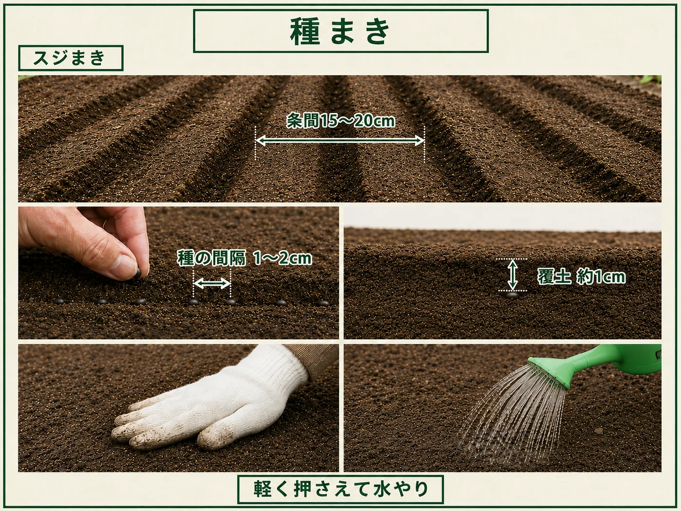 ホウレンソウを条間15〜20cmでスジまきし種の間隔1〜2cmで約1cm覆土する方法