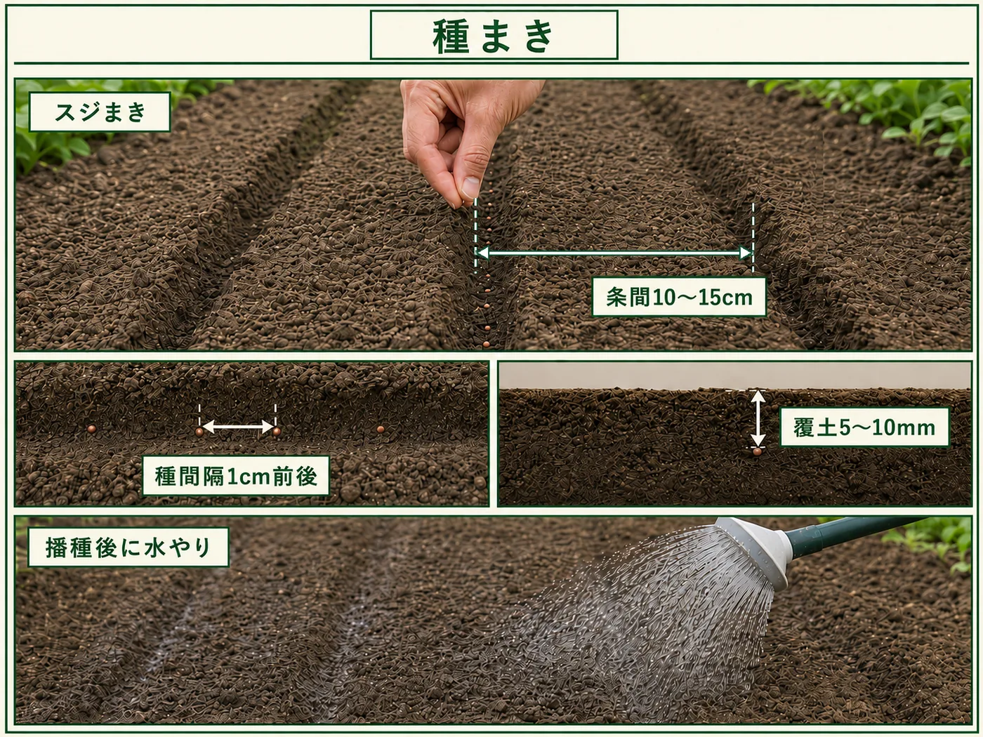 ラディッシュを条間10〜15cmでスジまきし種間隔1cm前後で5〜10mm覆土する方法