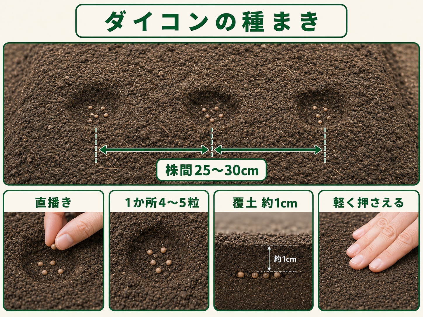 ダイコンを株間25〜30cmで1か所4〜5粒、約1cm覆土して直播きする方法