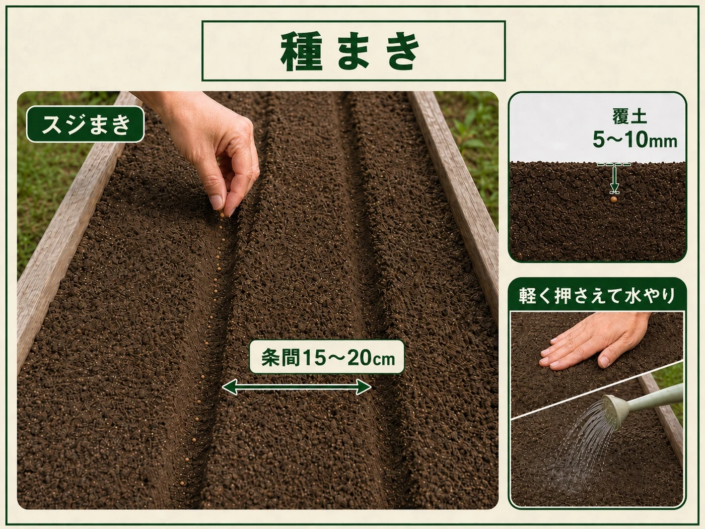カブを条間15〜20cmでスジまきし5〜10mm覆土する方法