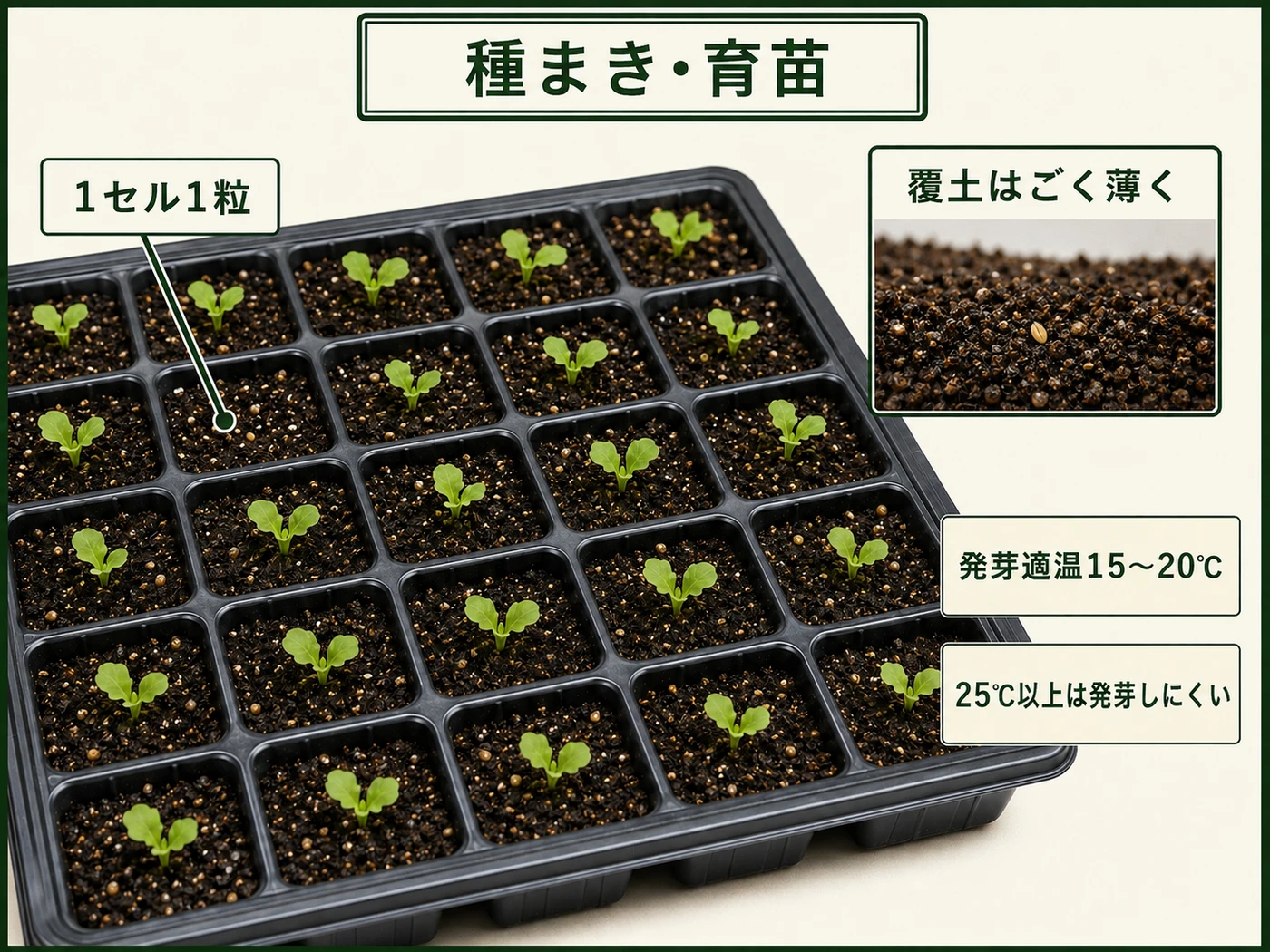 レタスをセルトレイに1粒まき薄く覆土して15〜20℃で発芽させる方法