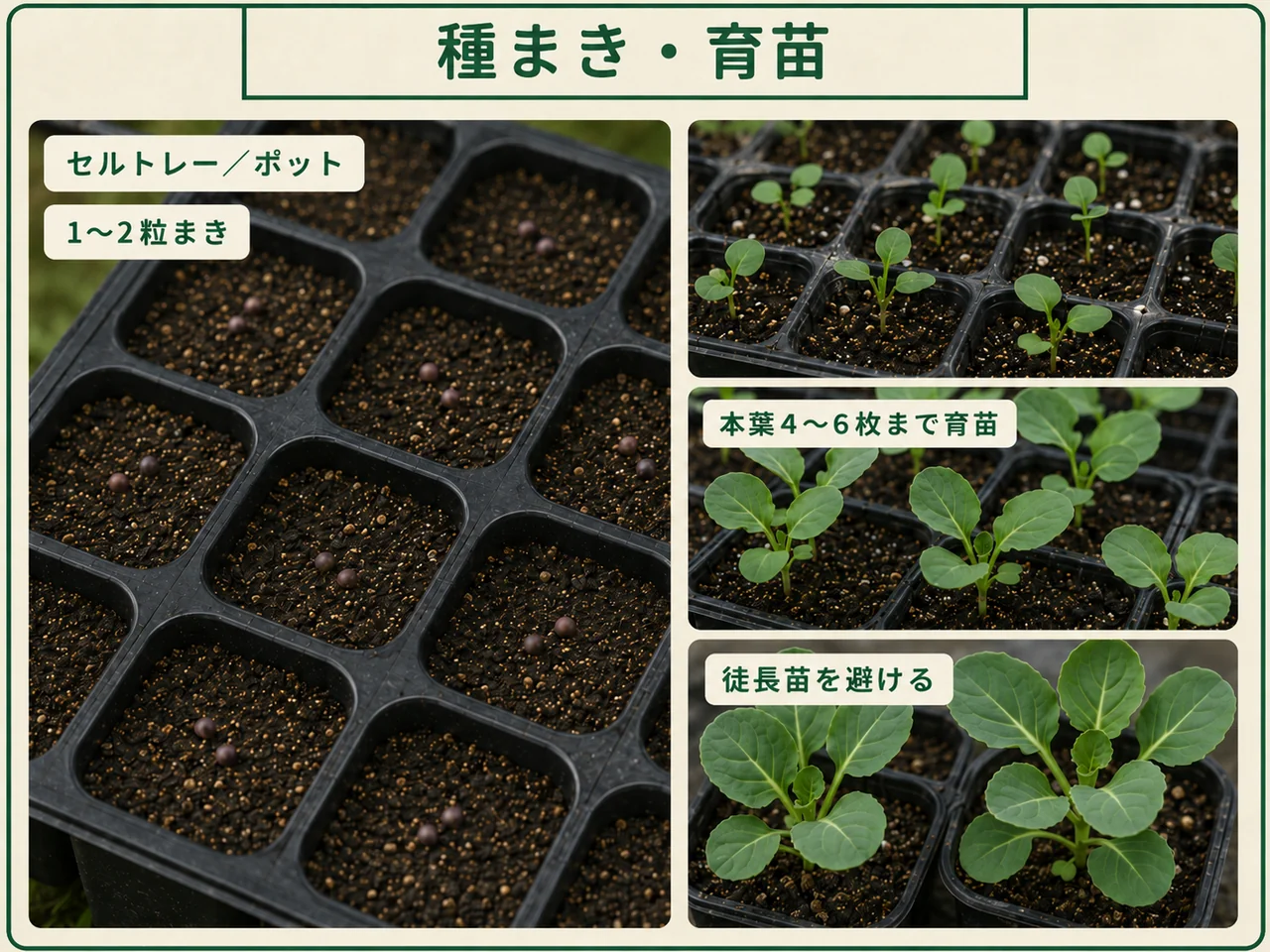 芽キャベツをセルトレーやポットに1〜2粒まき本葉4〜6枚まで育苗する方法