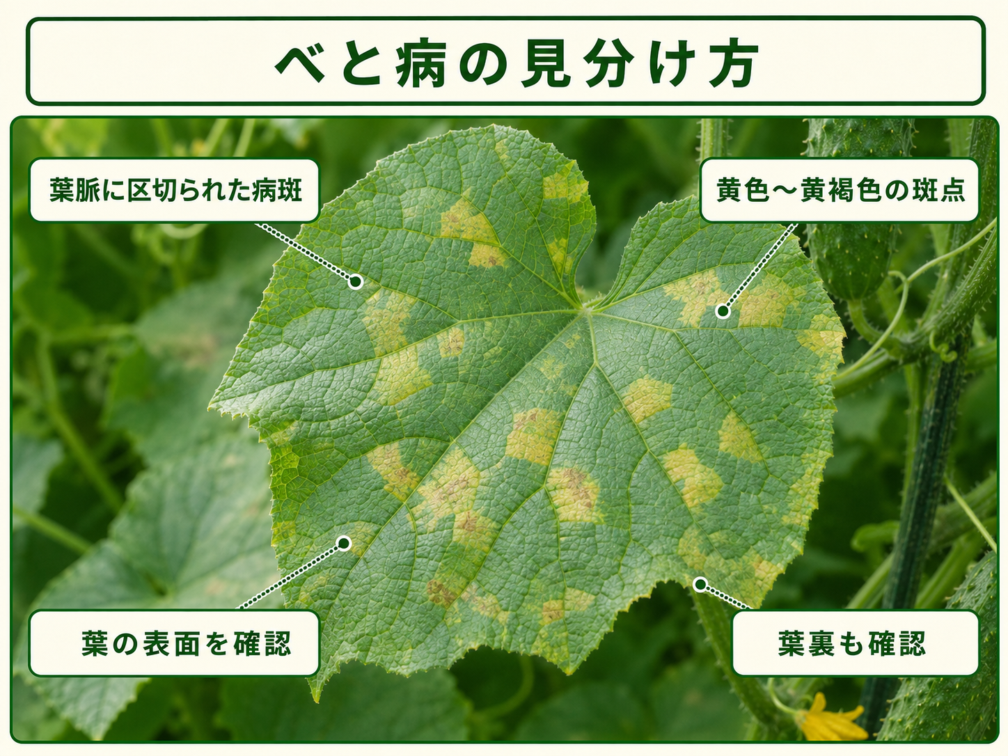 べと病の見分け方と葉脈に区切られた病斑