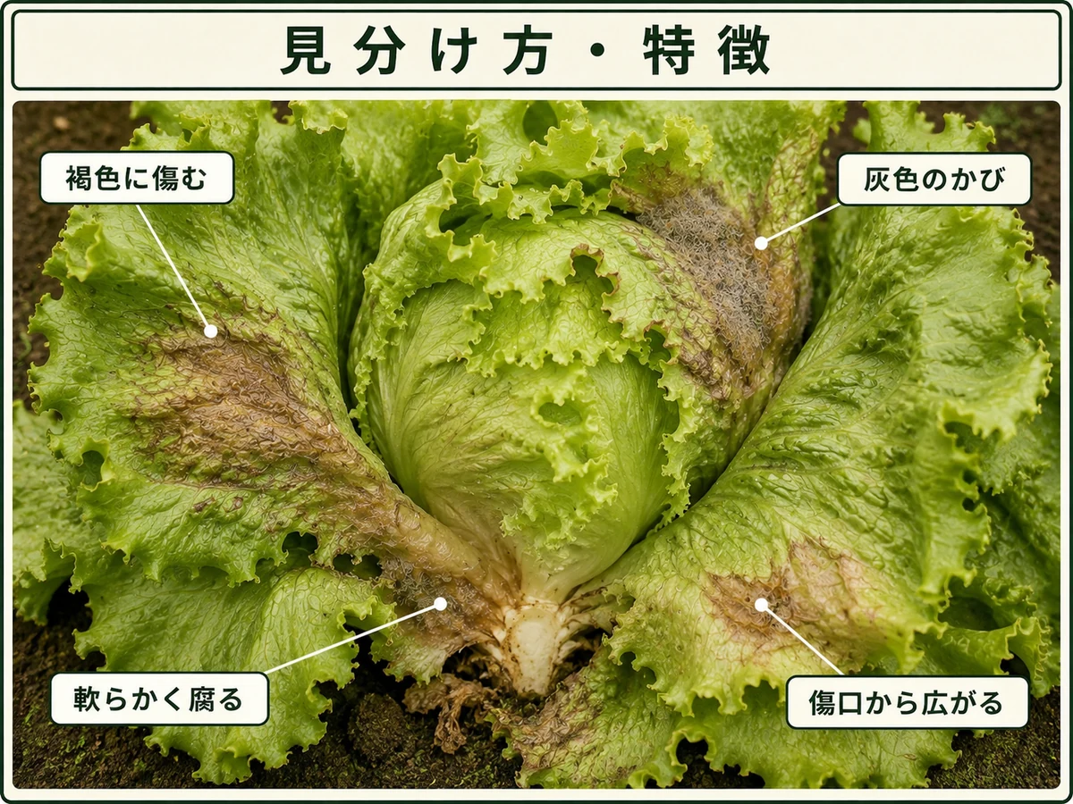 灰色かび病で灰色のかび、褐色に傷んだ部分、軟らかく腐る部分、傷口から広がる様子を示したレタス
