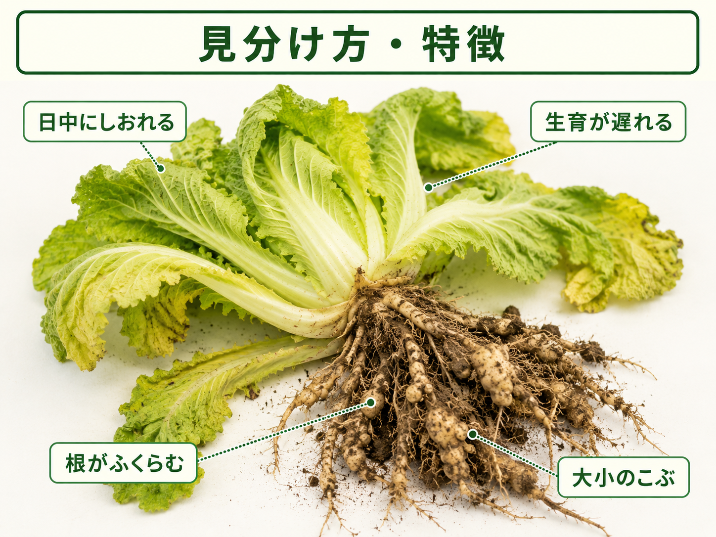根こぶ病で日中にしおれ、生育が遅れ、根に大小のこぶができたアブラナ科野菜