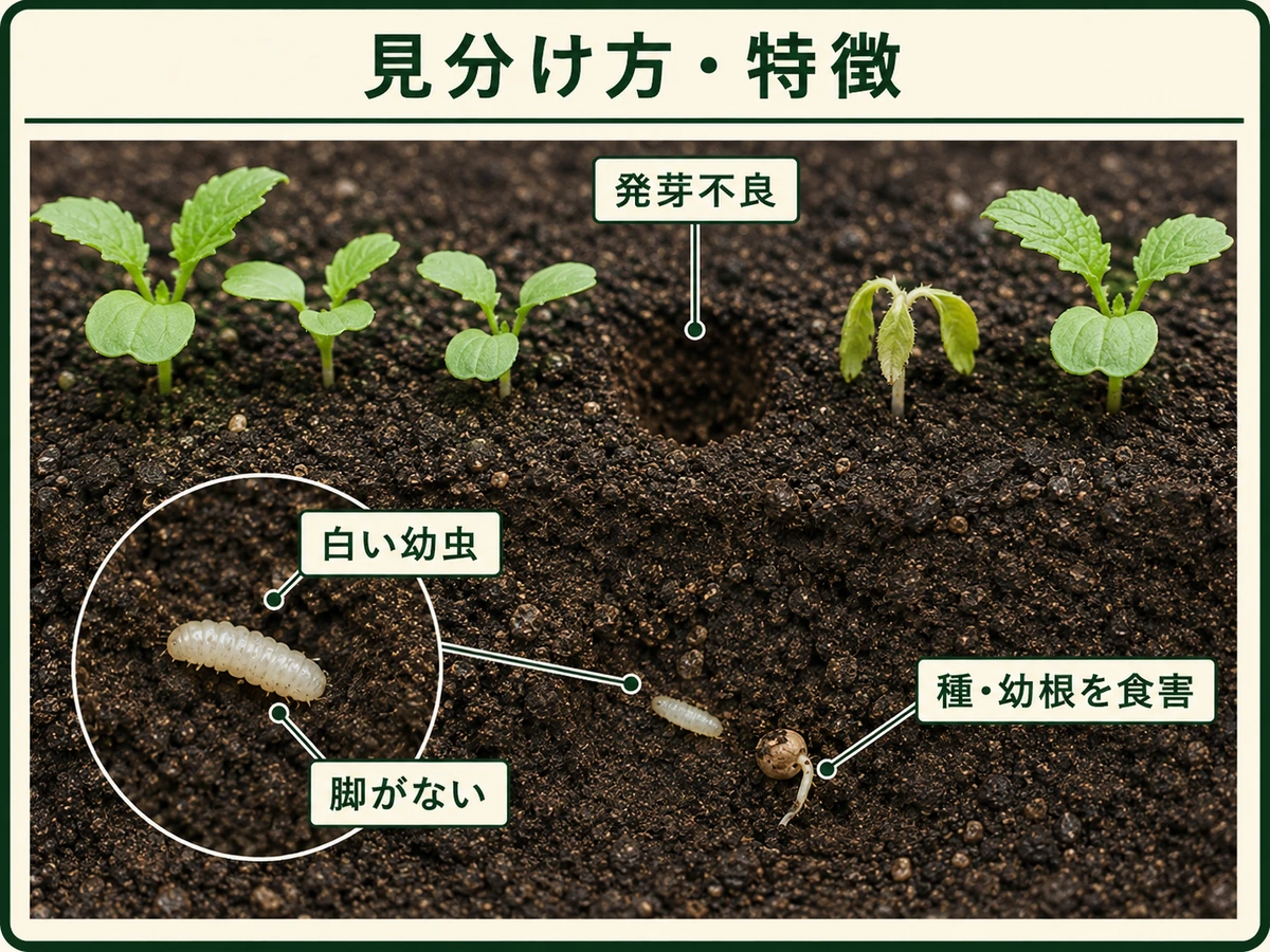 タネバエの白い脚のない幼虫、種・幼根の食害、発芽不良を示すダイコン