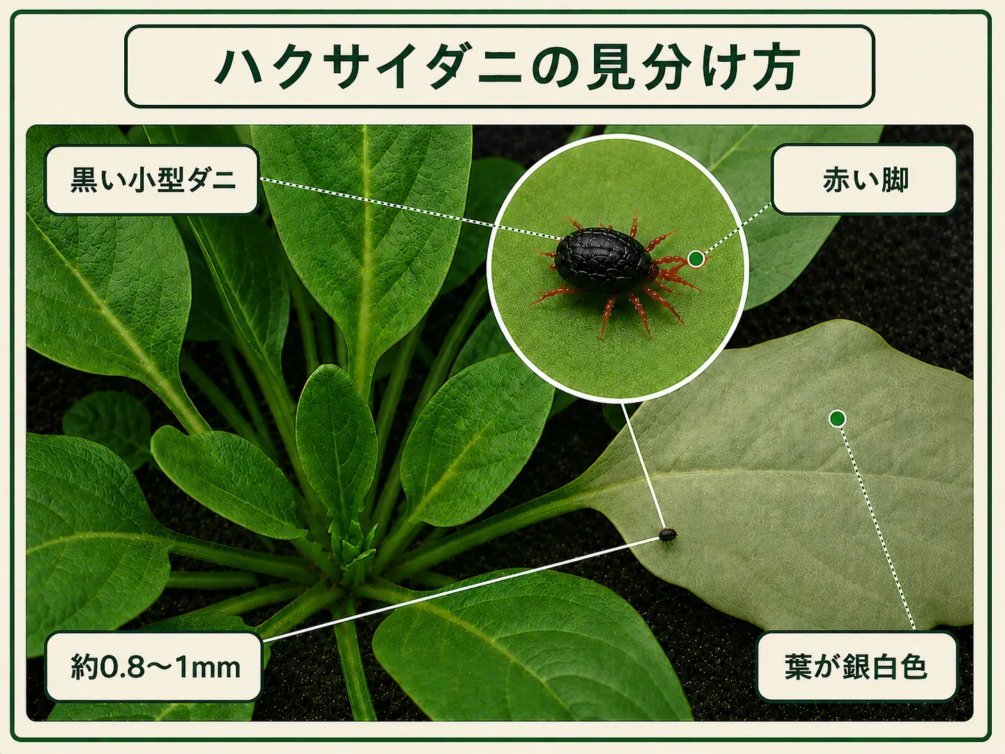 ハクサイダニの黒い小型ダニ、赤い脚、約0.8〜1mm、銀白色になったホウレンソウ葉
