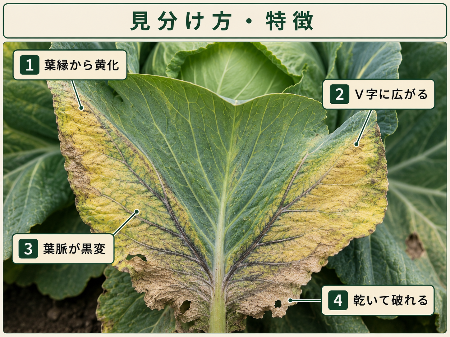 黒腐病で葉縁から黄化しV字状に広がり葉脈が黒変したハクサイの葉