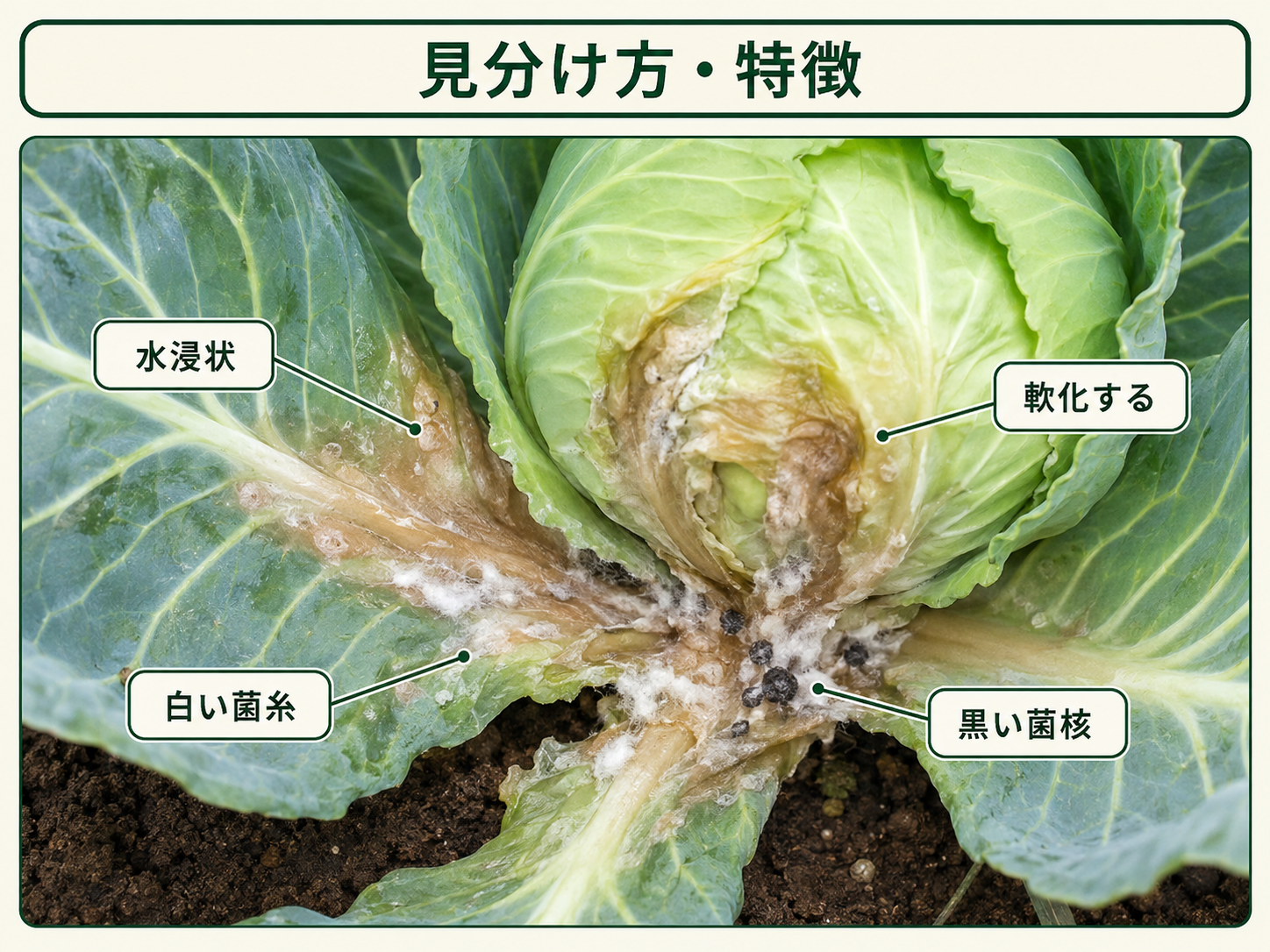 菌核病で水浸状の病斑と軟化が見られ白い菌糸と黒い菌核ができたキャベツ