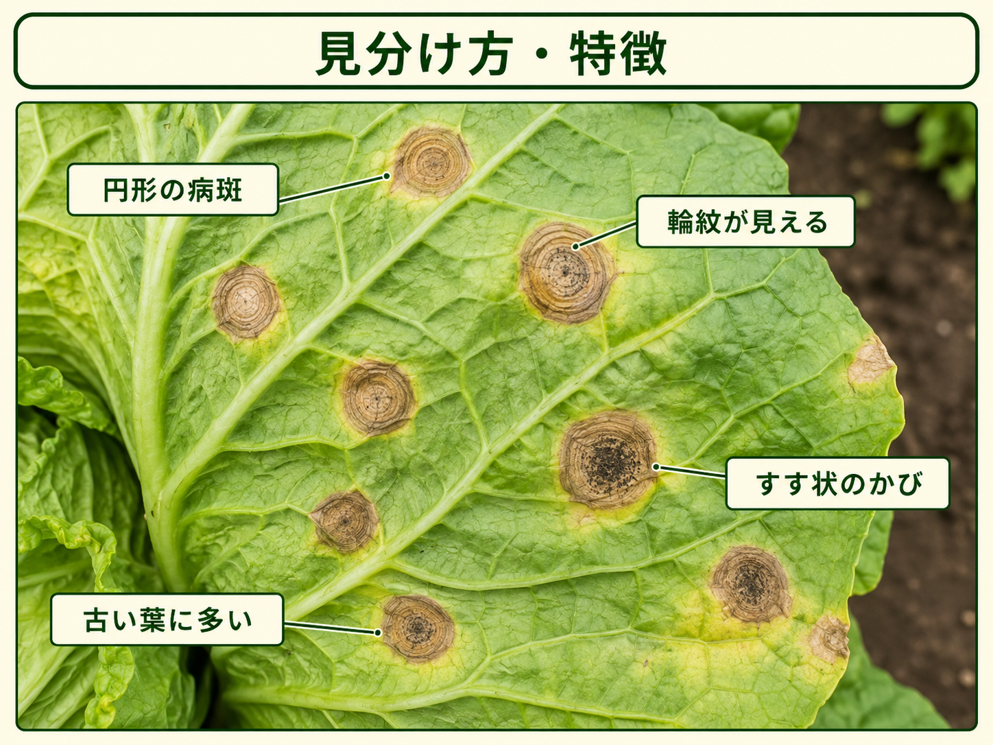黒斑病で円形の病斑、輪紋、すす状のかびが見られるハクサイの葉