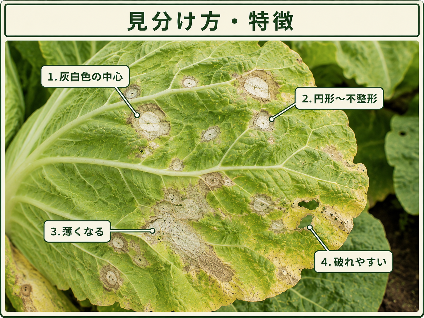 白斑病で灰白色の中心、円形から不整形の病斑、薄くなった部分が見られるハクサイの葉
