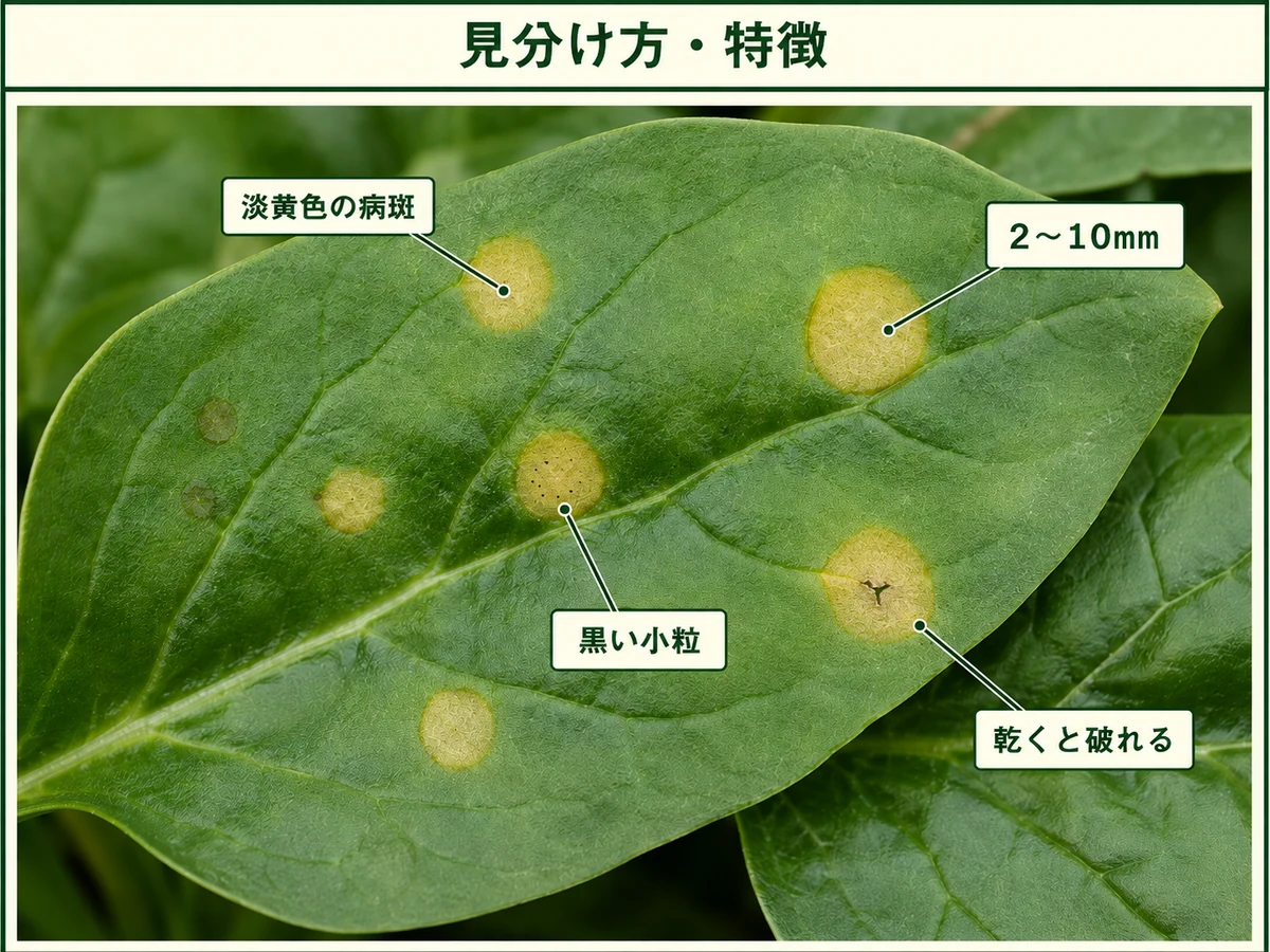 ホウレンソウ炭疽病の淡黄色病斑、2〜10mmの大きさ、黒い小粒、乾いて破れた病斑を示した図解