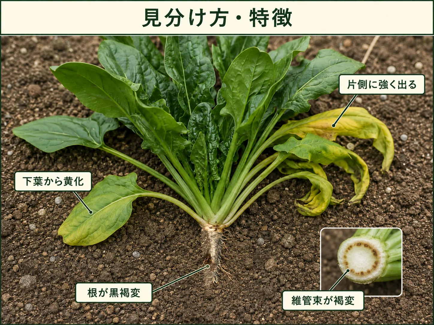 ホウレンソウ萎凋病の下葉黄化、片側性、根の黒褐変、維管束褐変を示した図解