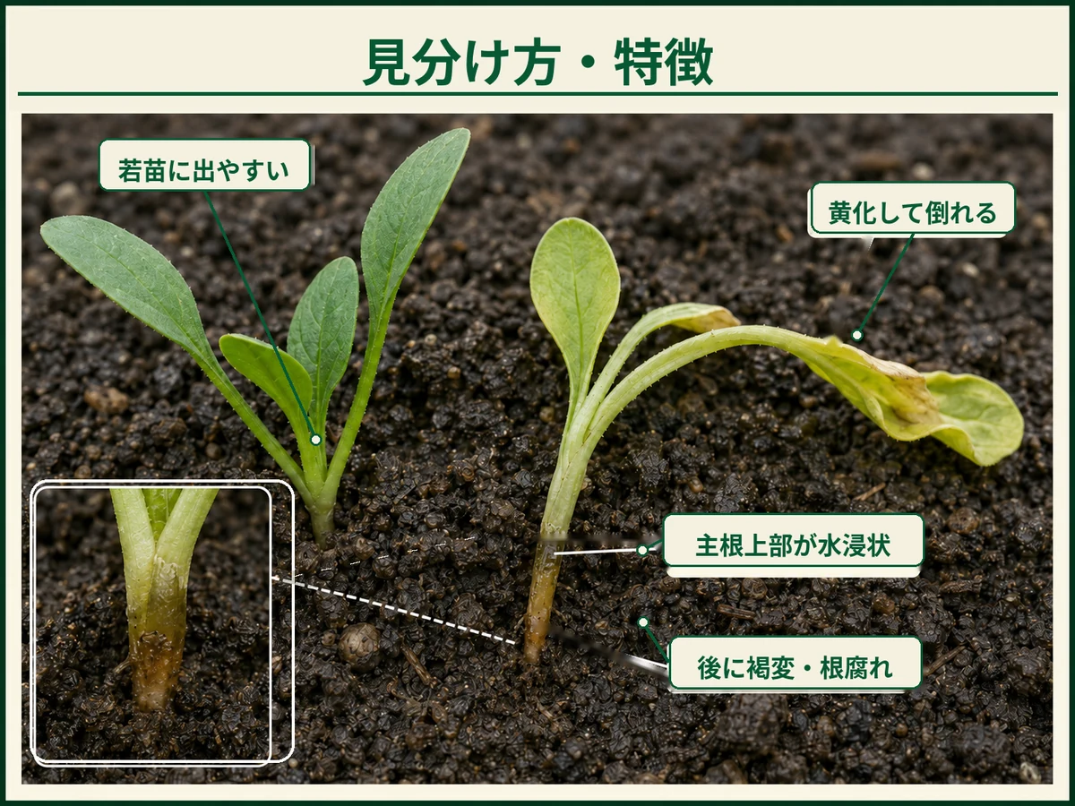 ホウレンソウ根腐病の若苗、主根上部の水浸状病変、褐変・根腐れ、黄化・倒伏を示した図解
