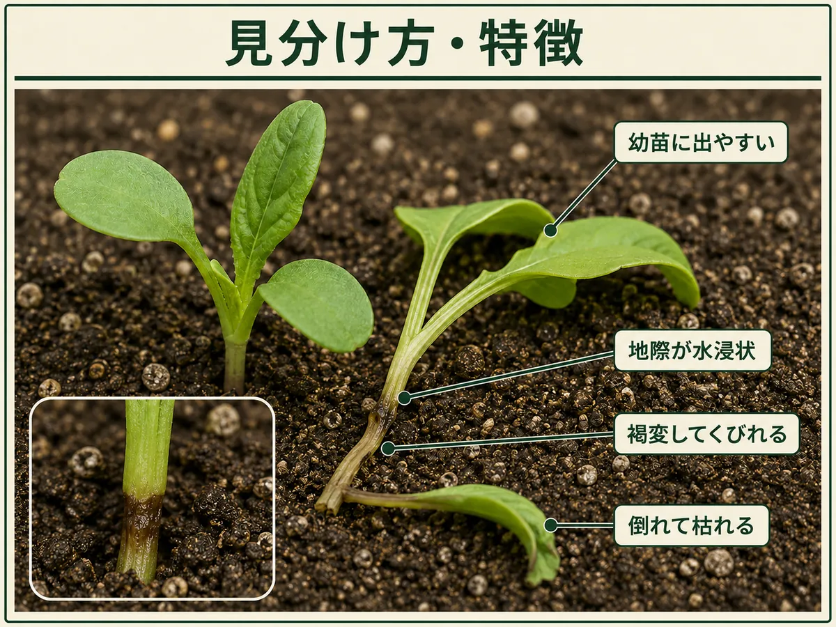 ホウレンソウ立枯病の幼苗、地際の水浸状病変、褐変・くびれ、倒伏を示した図解