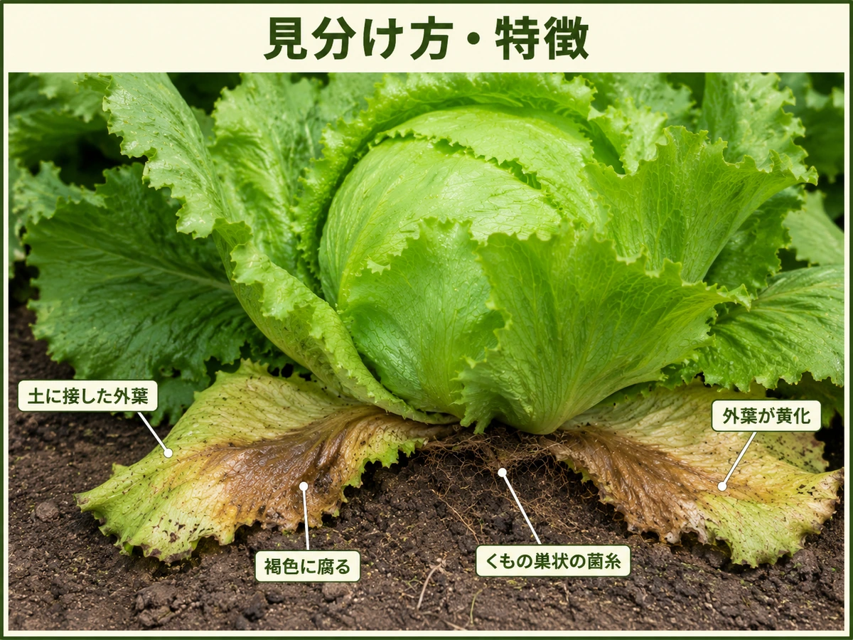 レタスすそ枯病で地面に接した外葉、淡褐色の菌糸、外葉の黄化、株元の傷みを示したレタス