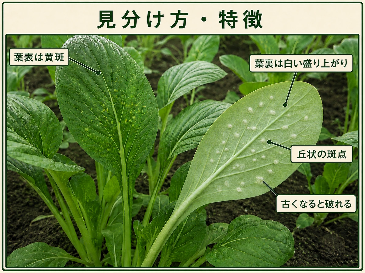 コマツナ白さび病で葉表の黄斑、葉裏の白い盛り上がり、丘状の斑点、古くなると破れる症状を示した葉