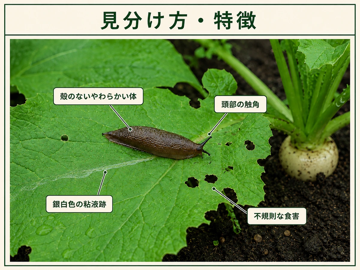ナメクジ類の殻のない体、触角、銀白色の粘液跡、不規則な食害を示すカブ