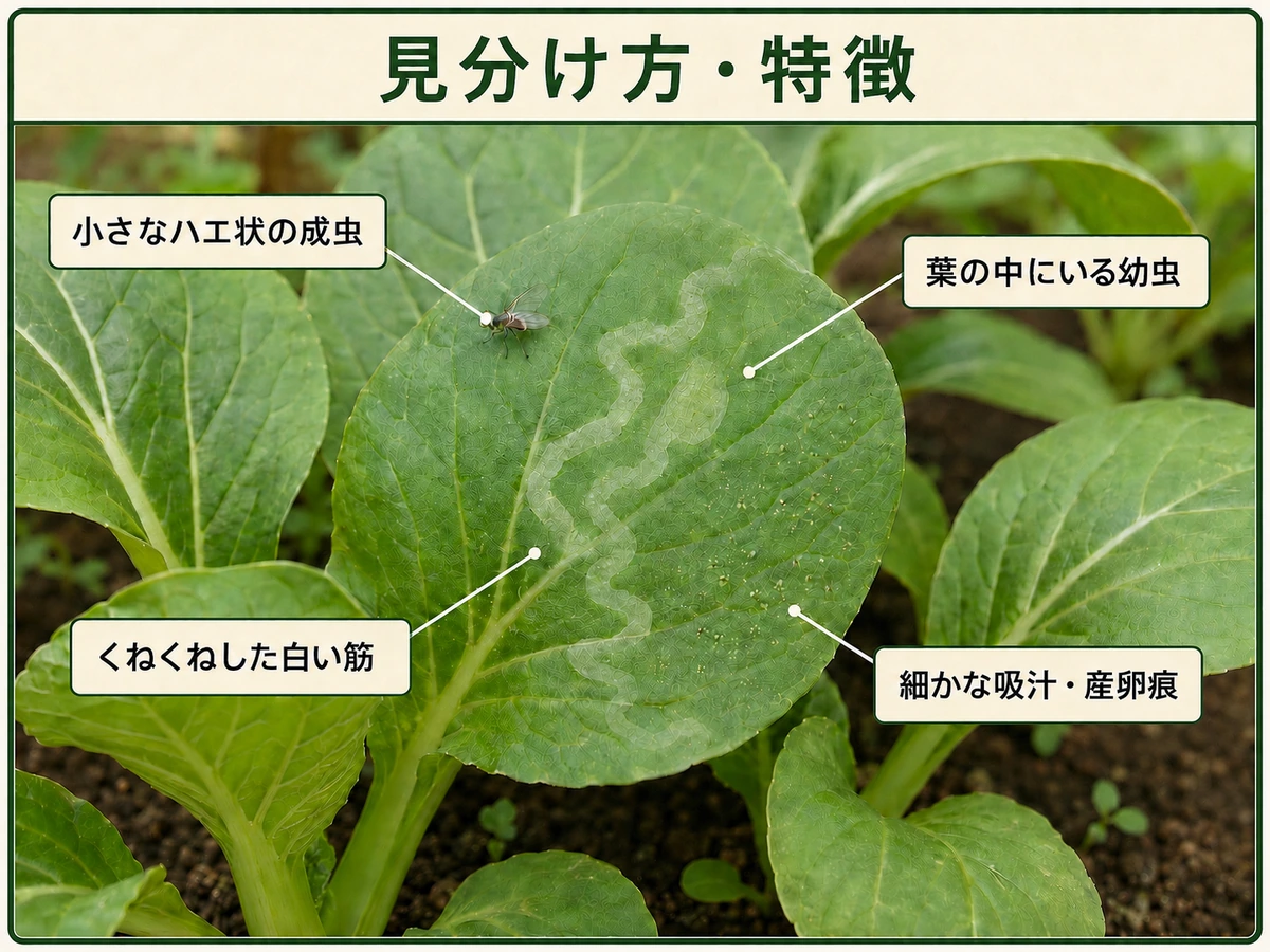 ハモグリバエ類の小さなハエ状成虫、葉の中の幼虫、くねくねした白い筋、吸汁・産卵痕