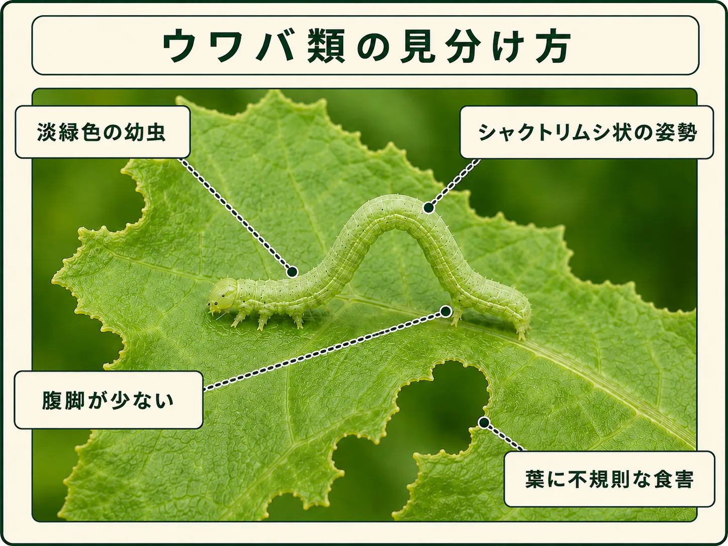 ウワバ類の淡緑色の幼虫、腹脚2対、シャクトリムシ状の歩き方、レタス葉の食害