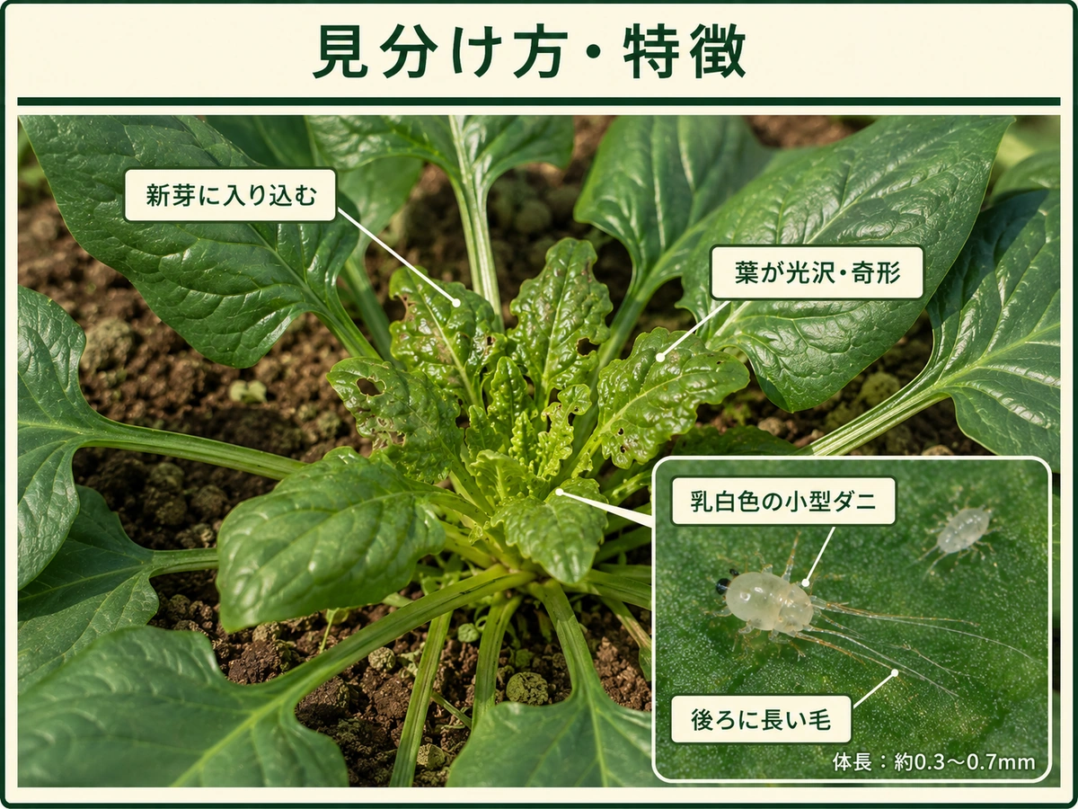 ホウレンソウケナガコナダニの乳白色の小型ダニ、後ろの長い毛、新芽への侵入、光沢のある奇形葉