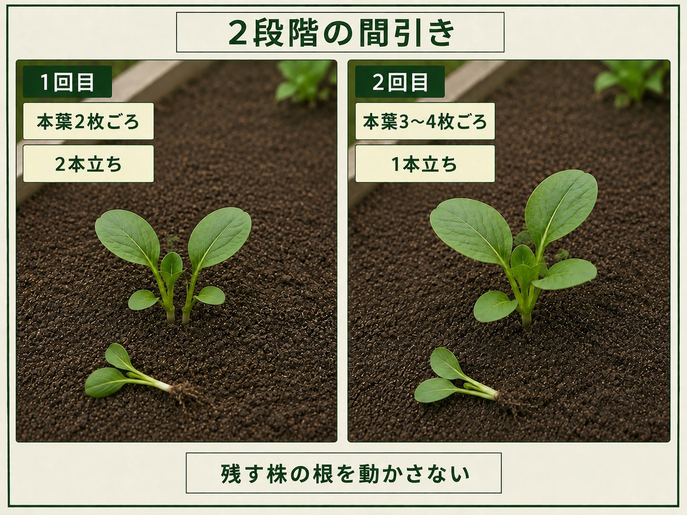 チンゲンサイを本葉2枚と本葉3〜4枚の2段階で1本立ちに間引く流れ