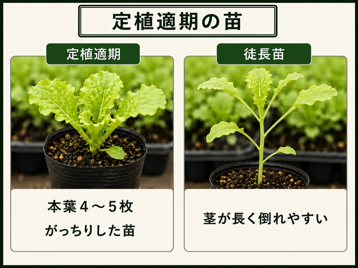 本葉4〜5枚のがっちりしたレタス苗と徒長苗の比較