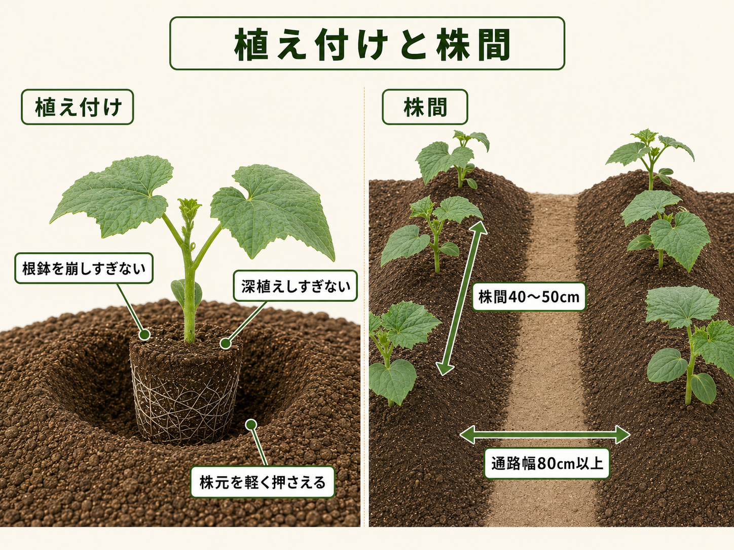 キュウリ苗の植え付け方と株間を示した説明図