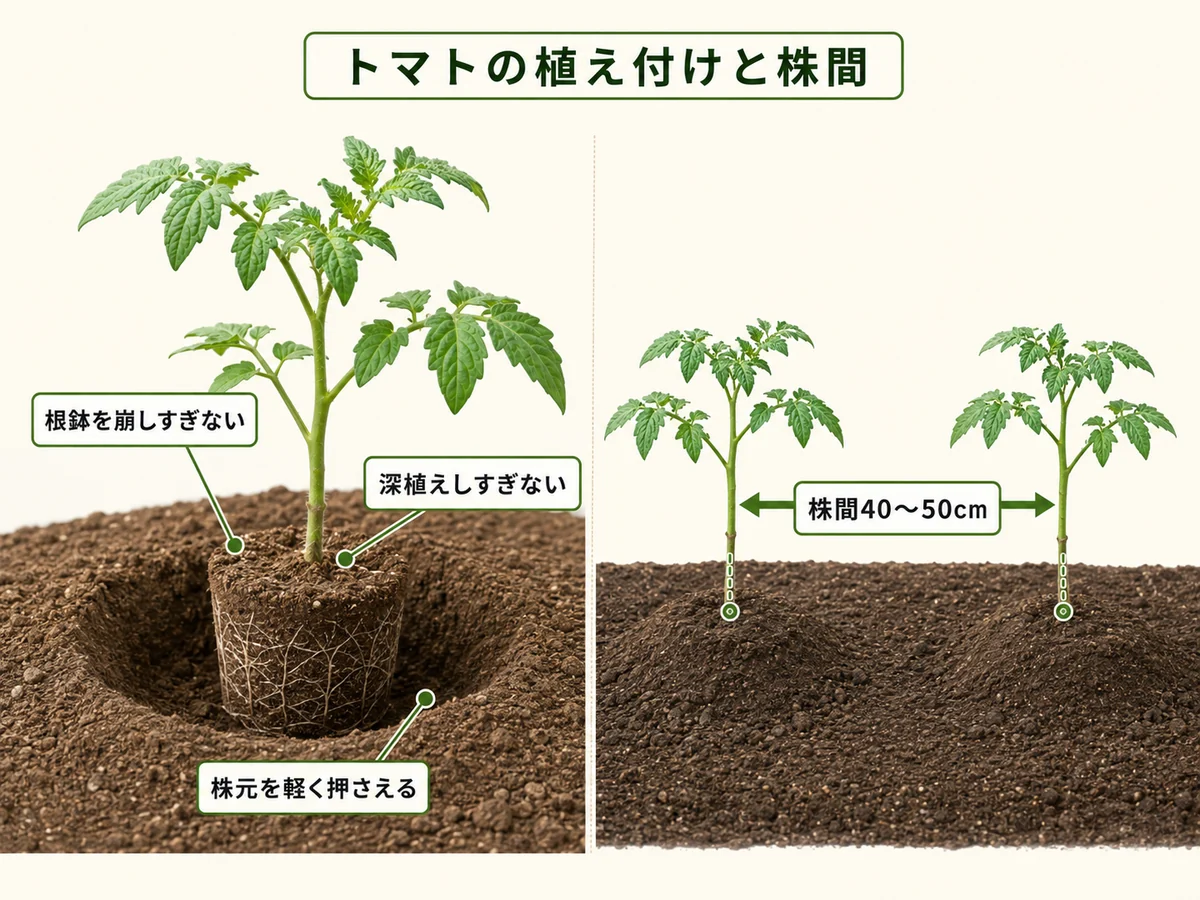 トマト苗の植え付け方と株間40から50センチを示した説明図