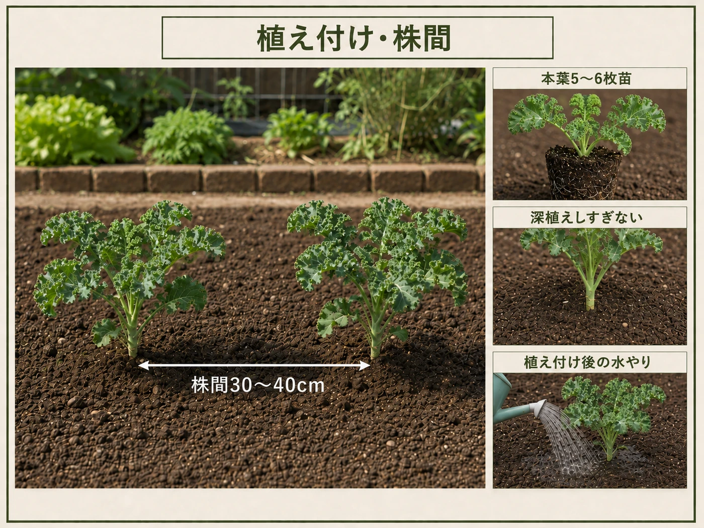 本葉5〜6枚のケール苗を株間30〜40cmで植え付ける方法