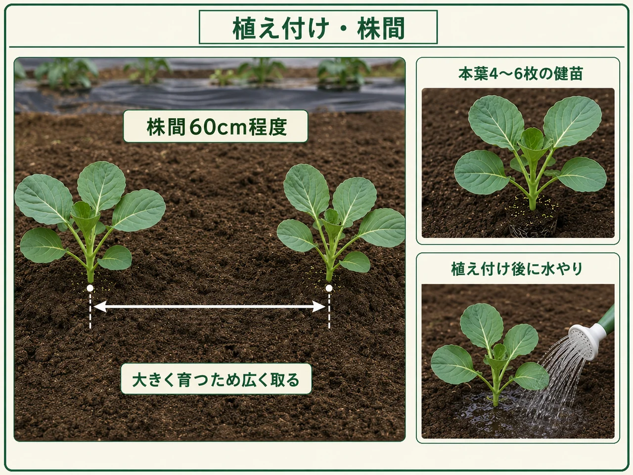本葉4〜6枚の芽キャベツ苗を株間60cm程度で植え付ける方法