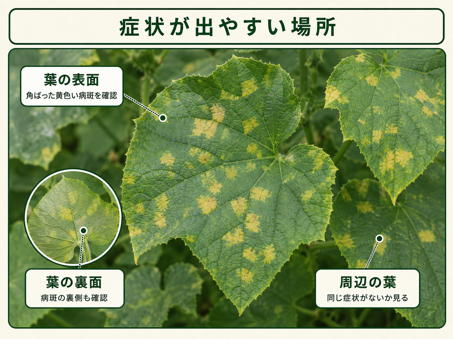 べと病の症状を確認するキュウリの葉表と葉裏