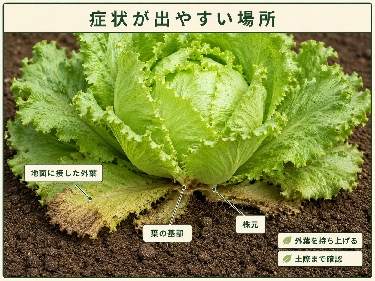 レタスすそ枯病の症状が出やすい地面に接した外葉、葉の基部、株元を示したレタス
