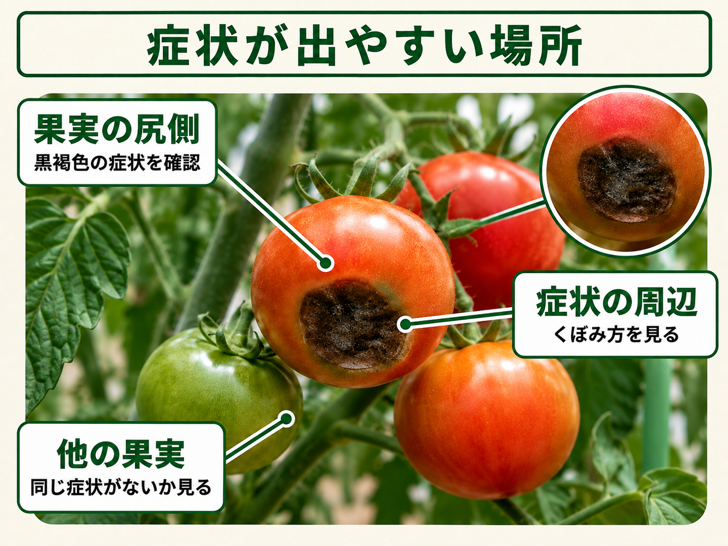 尻腐れ病の症状が出やすいトマト果実の尻側