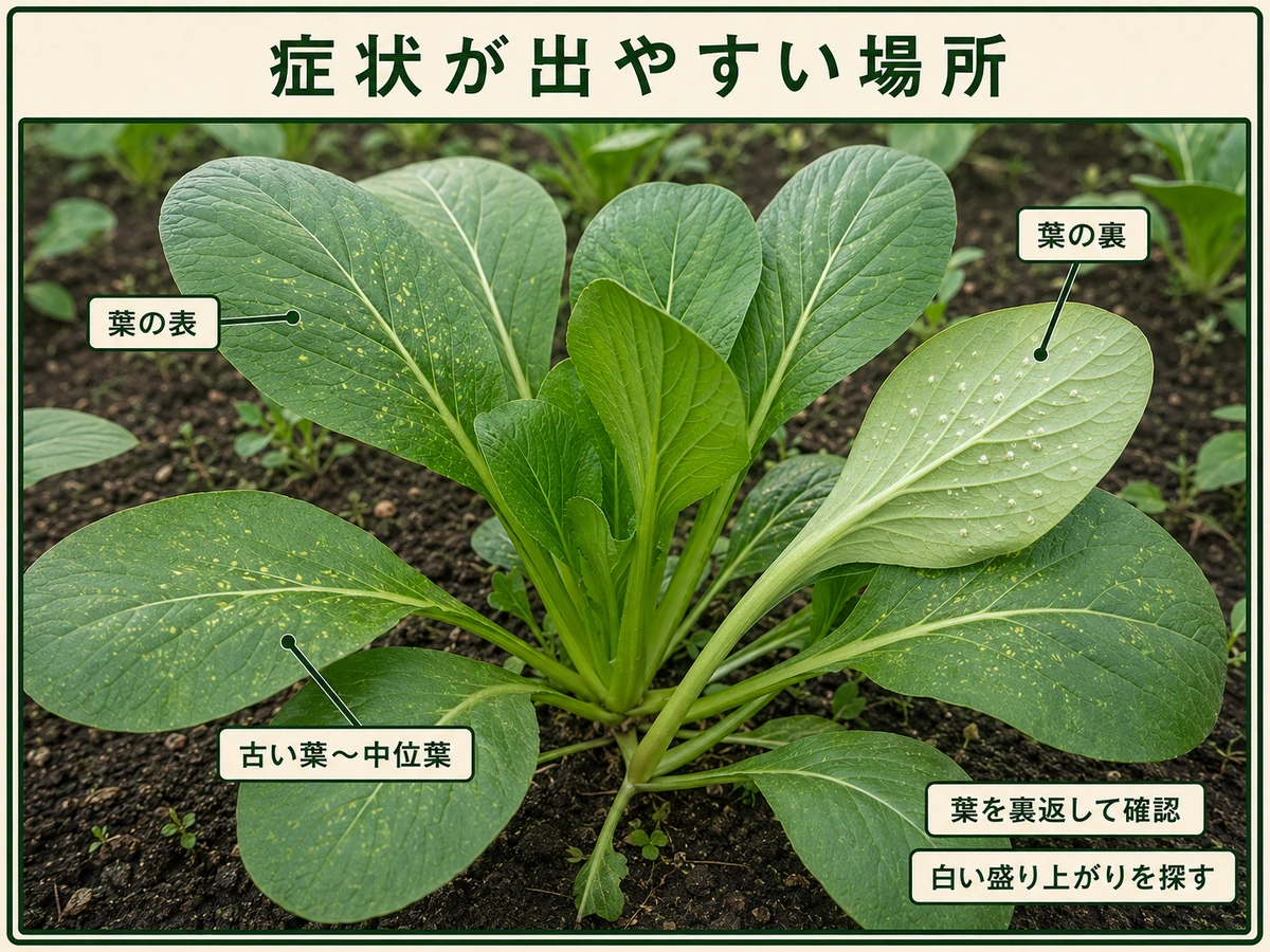 コマツナ白さび病の症状が出やすい葉の裏、葉の表、古い葉から中位葉を示した株