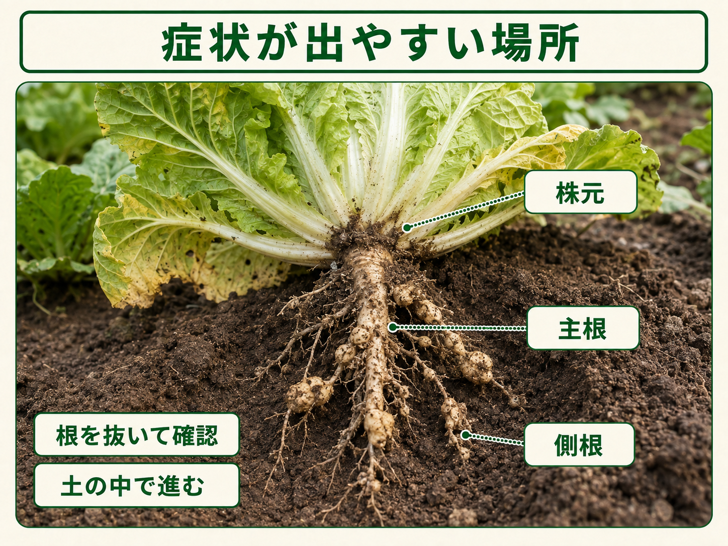 根こぶ病の症状を確認する株元、主根、側根