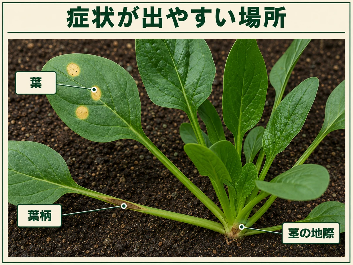 ホウレンソウ炭疽病の症状が出る葉、葉柄、茎の地際を示した図解