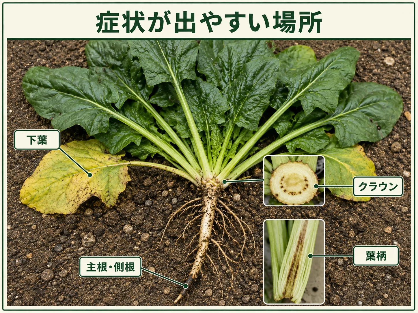 ホウレンソウ萎凋病の症状が出る下葉、主根・側根、クラウン、葉柄を示した図解