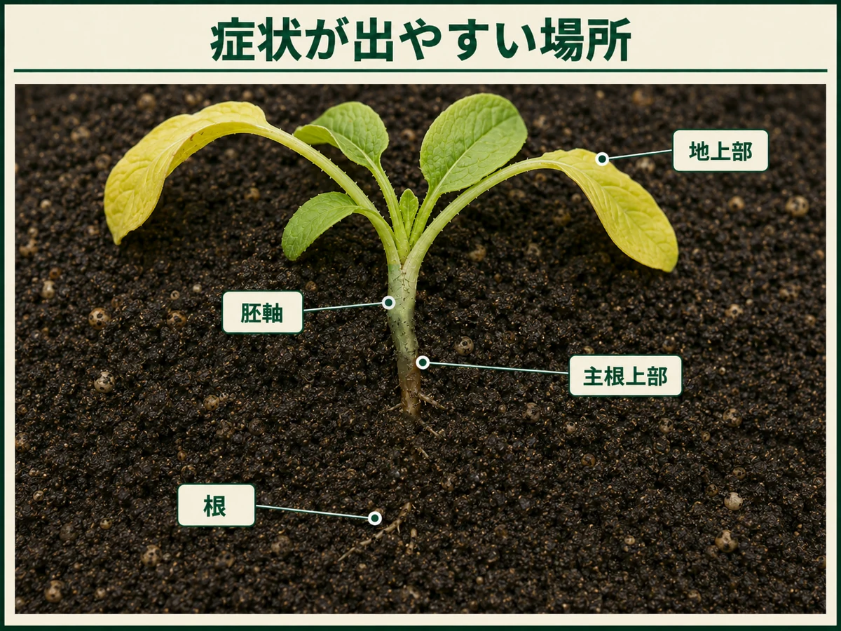 ホウレンソウ根腐病の症状が出やすい地上部、胚軸、主根上部、根を示した図解