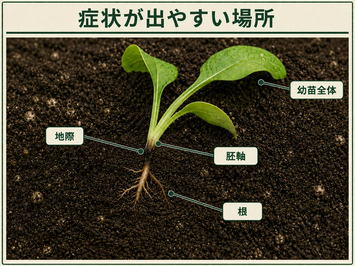 ホウレンソウ立枯病の症状が出やすい幼苗全体、地際、胚軸、根を示した図解