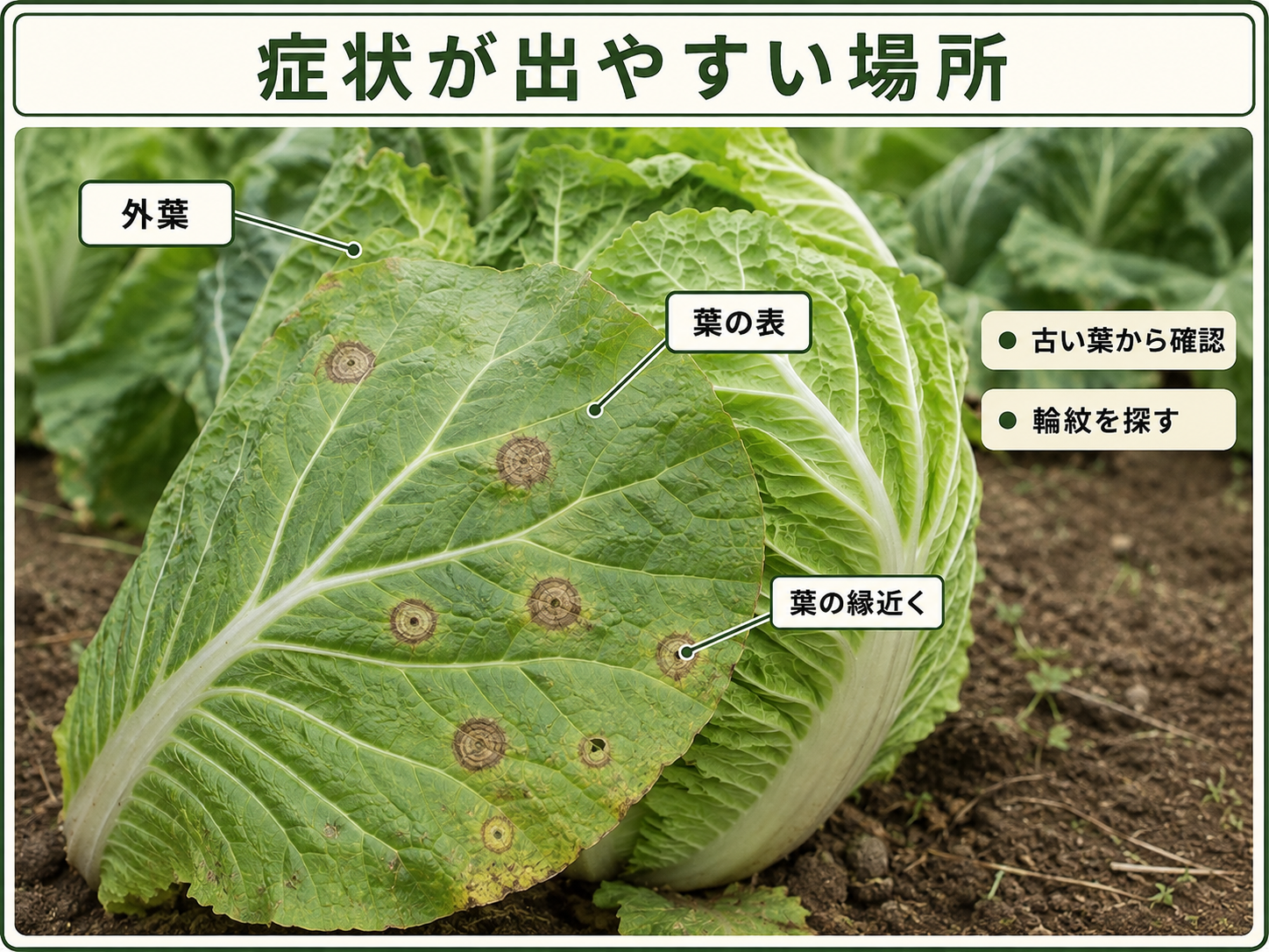 黒斑病の症状が出やすい外葉、葉の表、葉の縁近くを示したハクサイの葉