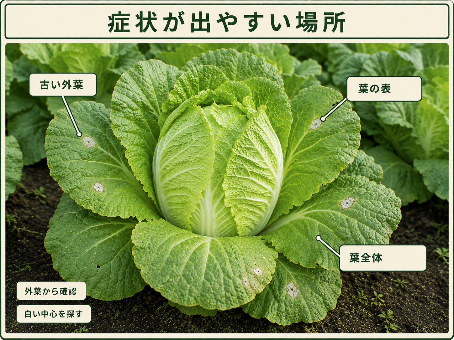 白斑病の症状が出やすい古い外葉、葉の表、葉全体を示したハクサイの株