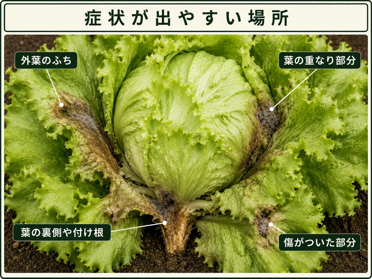 灰色かび病の症状が出やすい古い下葉、葉の基部、傷んだ部分を示したレタス
