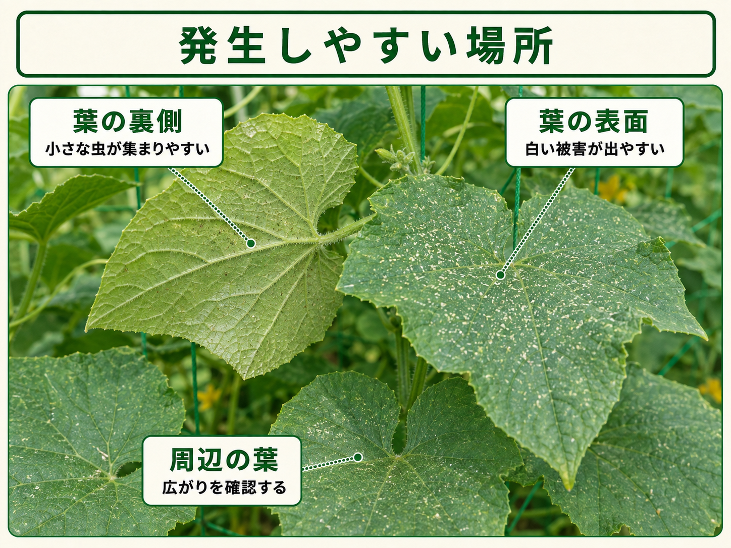 ハダニ類が発生しやすい葉裏と被害が出た葉の表面