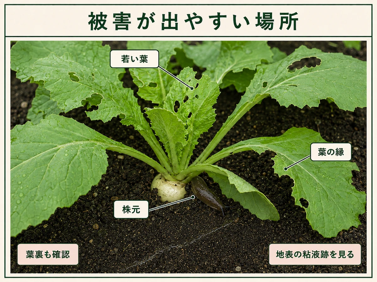 ナメクジ類の被害が出やすい若い葉、葉の縁、株元を示すカブ