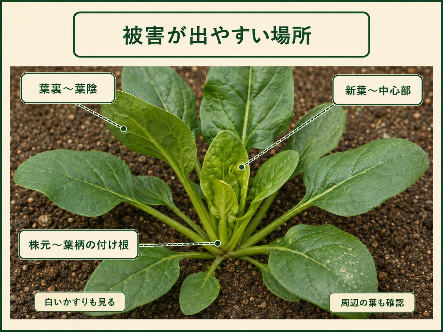 アザミウマ類の被害を確認するホウレンソウの葉裏・葉陰、新葉・中心部、株元・葉柄の付け根と周辺葉